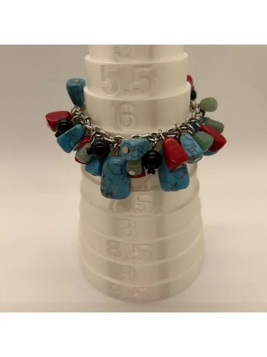 Disney Mickey Mouse Sterling Silver Tone Turquoise Coral & Black Stones Charm Br - Picture 9 of 10